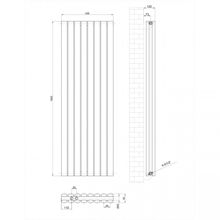 1600 x 536 mm Doppellagig Mittelanschluss Weiß Paneelheizkörper NEU Ellipse Design