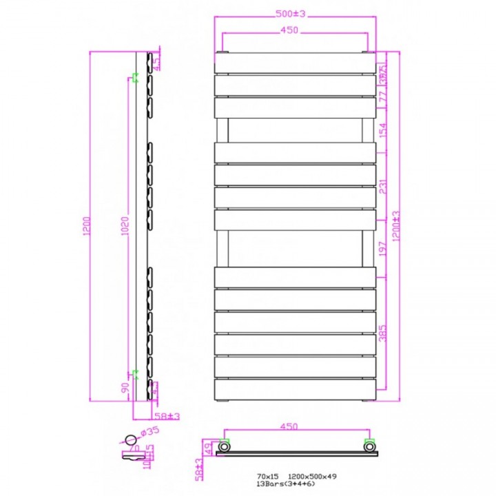 Badheizkörper Handtuchheizkörper 1200x500 Weiß Flachpaneel