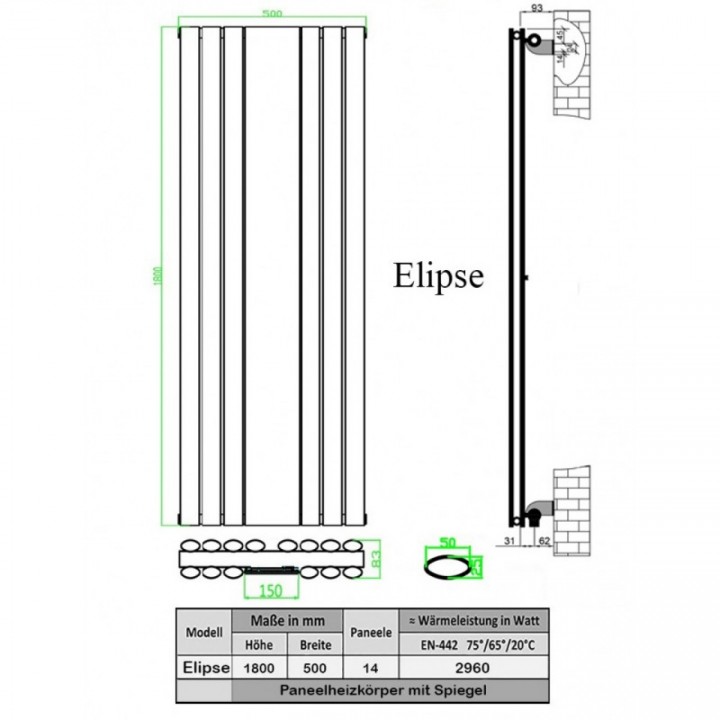 Spiegel Paneelheizkörper 1800x553 Doppellagig Weiß Ellipse Seitenanschluss