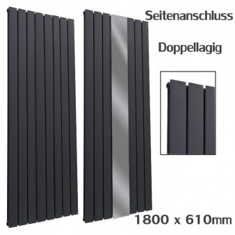 Spiegel Paneelheizkörper 1800x610 Doppellagig Anthrazit Flach Seitenanschluss