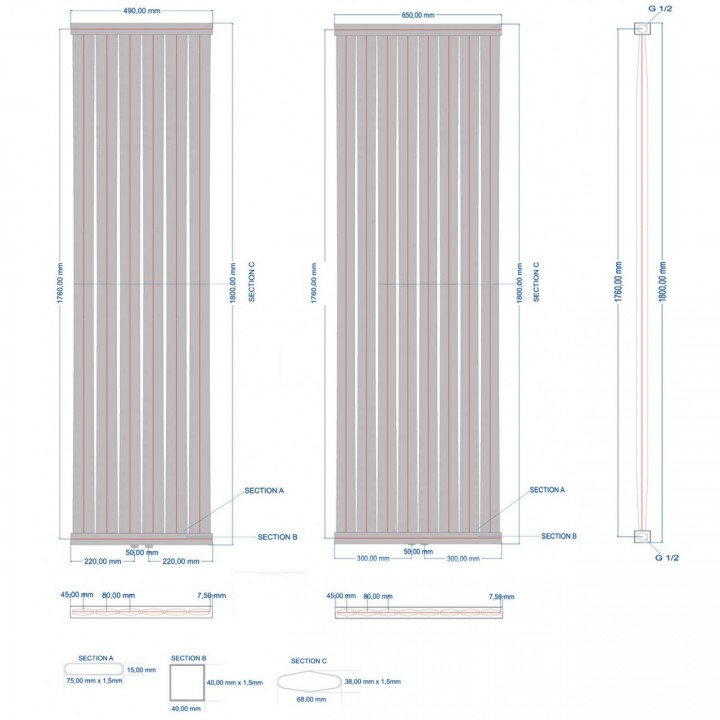 Paneelheizkörper 1800x650 Radfin-Diamond Anthrazit Mittelanschluss