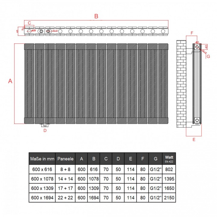 600x616 Alu Doppellagig Paneelheizkörper Flach Aluminium Vertikal Wandheizkörper Anthrazit